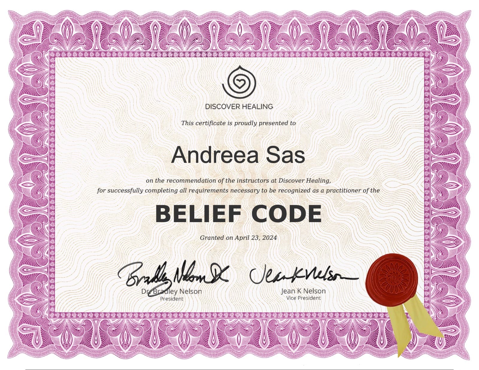 Certificat Practician Cod al Credintelor - Andreea Sas