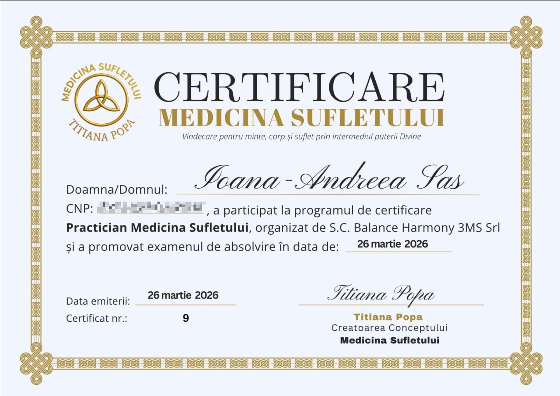 Certificare Medicina Sufletului, emis de Titiana Popa